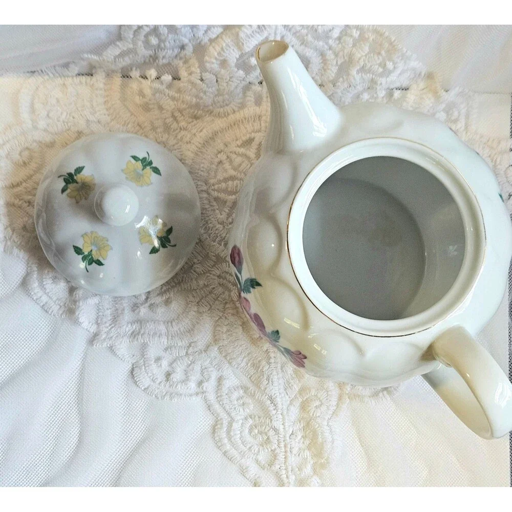 80's Laura Ashley Parfums Porcelain Lidded Teapot with Victorian Floral Pattern